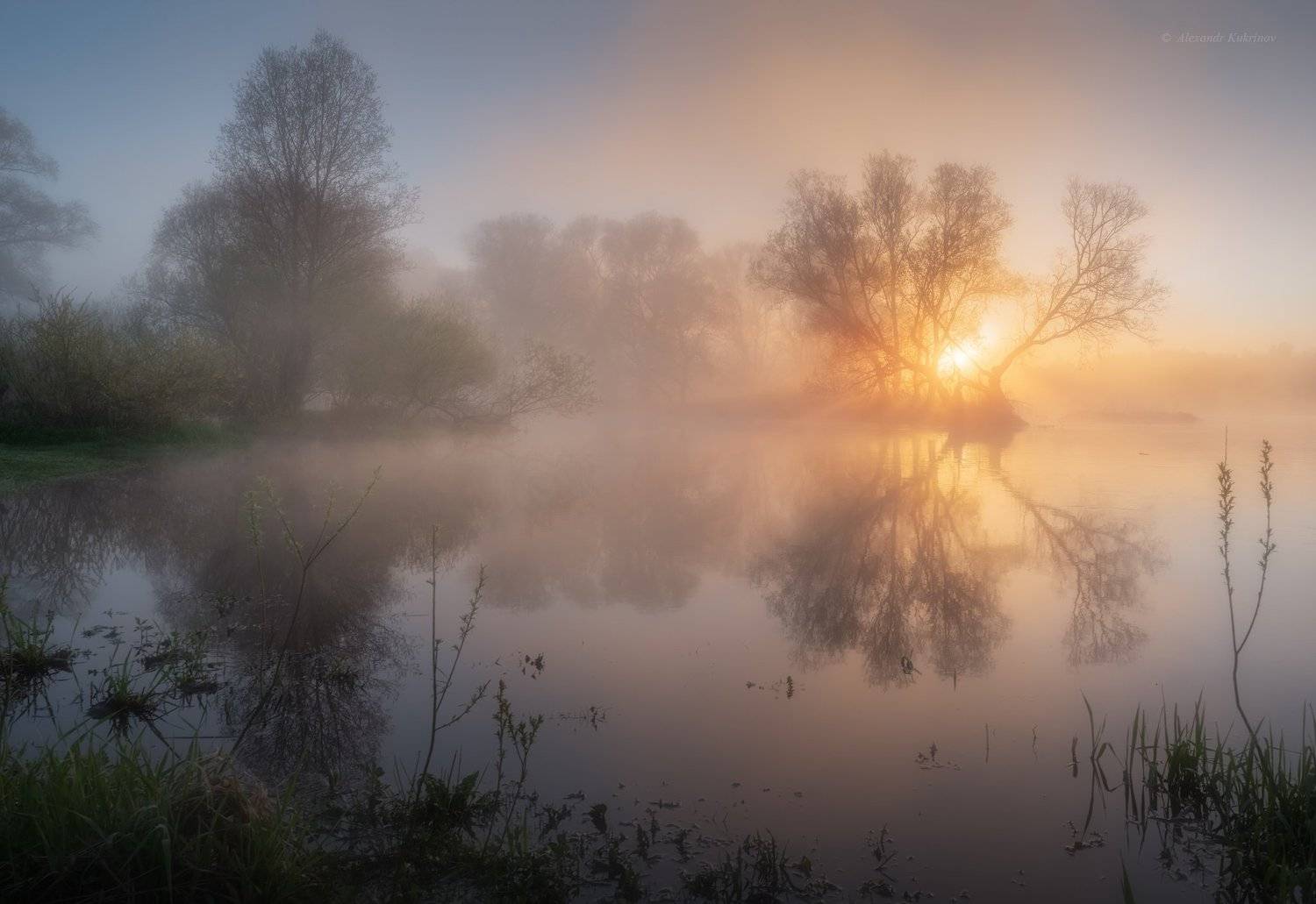 угра,утро,пейзаж,рассвет,весна,туман,солнце,лучи, Александр Кукринов