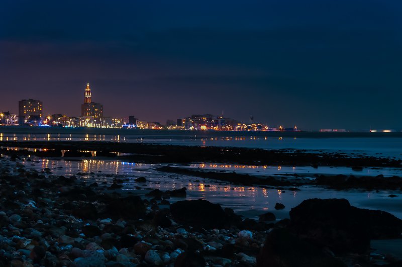night; city; seascape;blue hour;normandy; france Looking to the city фото превью