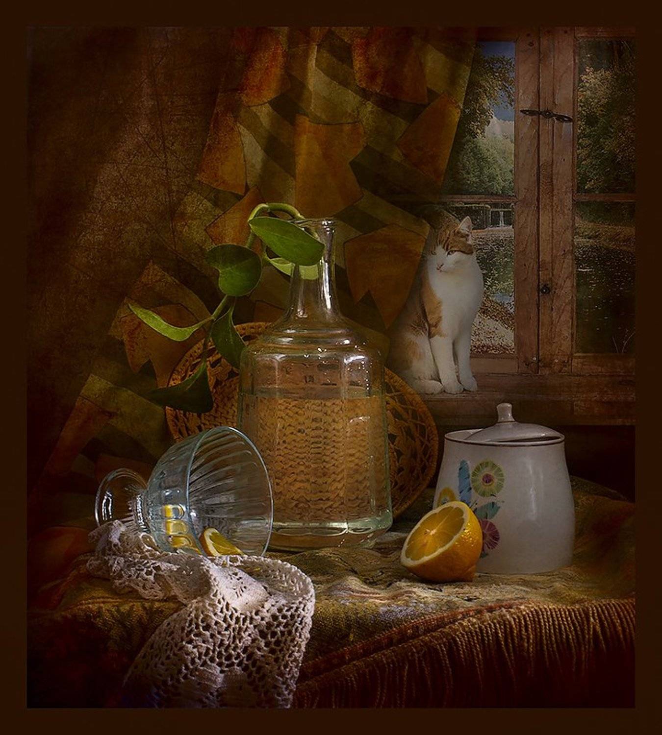 графин, окно, лимон, сахарница, кот, Ирина