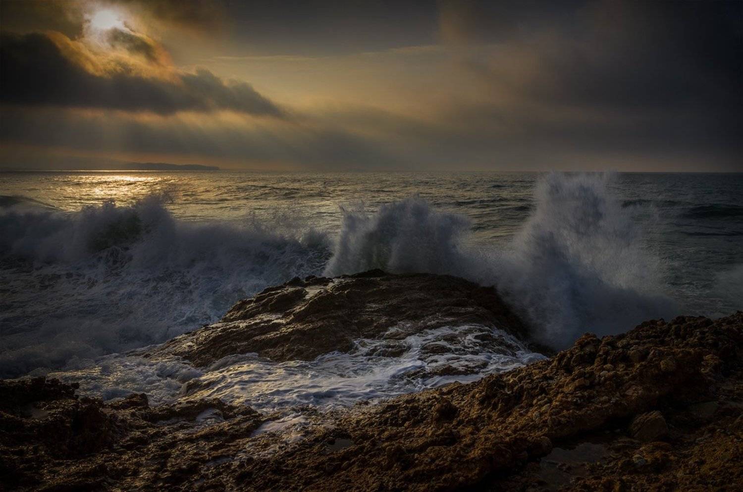 landscape nature scenery sea light morning sunrise down waves rocks clouds sunrays view sky пейзаж море рассвет, Александър Александров