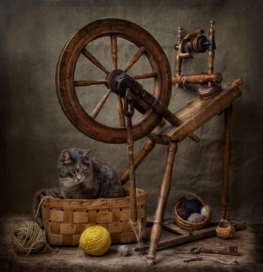 прялка, нитки, клубок, корзинка, ключ, кошка, distaff, line, of, basket, ball, key, cat, El. G.