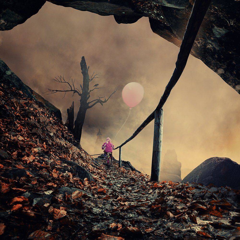 autumn, fog, girl, bicycle, running, castle, mystery, dream, pass, ligth, Caras Ionut