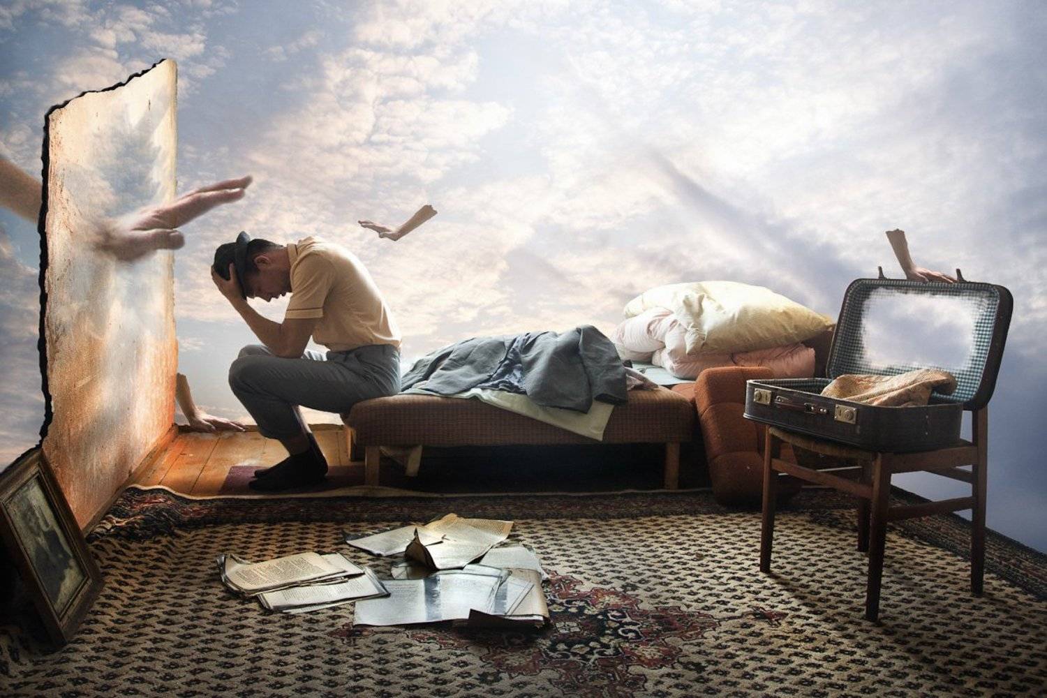 man, fotomontage, color, clouds, wall, chair, paper, hands , material form, Rafał Kurs