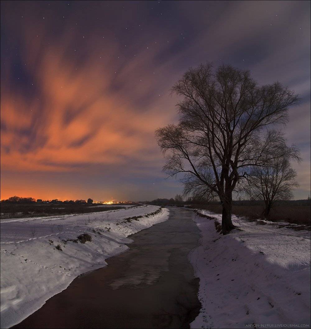 ночь,снег,зима,река,мороз,рождество,барышевка,северное сияние, Антон Петрусь