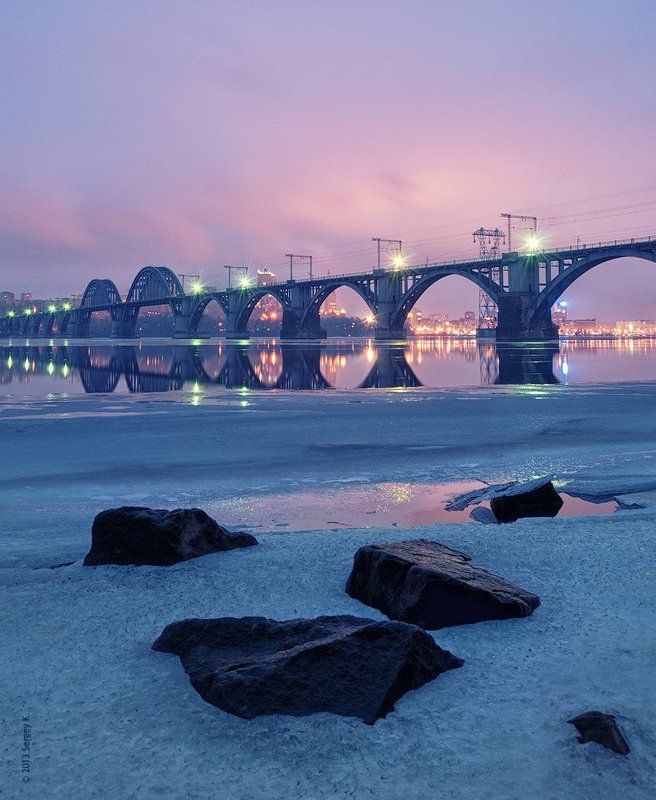 днепр, река, закат, днепропетровск, мост, камни, зима Днепр вечерний... фото превью