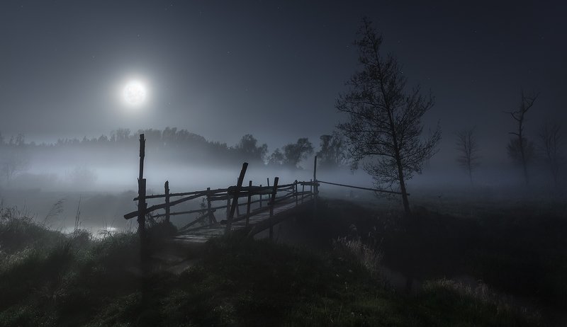 moon, river, fog, night Full moon on the river фото превью