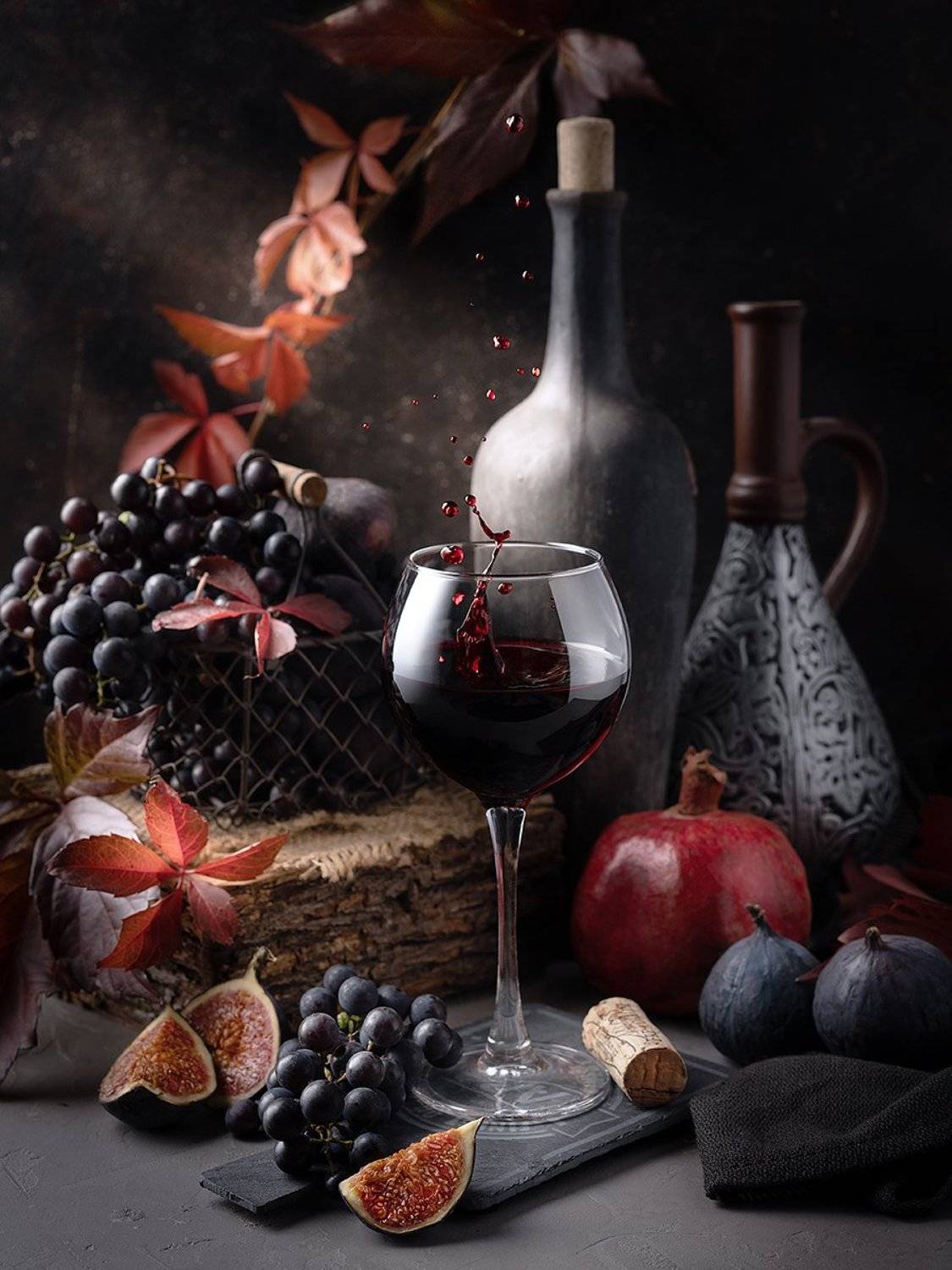 натюрморт, вино, виноград, осень, капли, инжир, фрукты, ЯR Ольга
