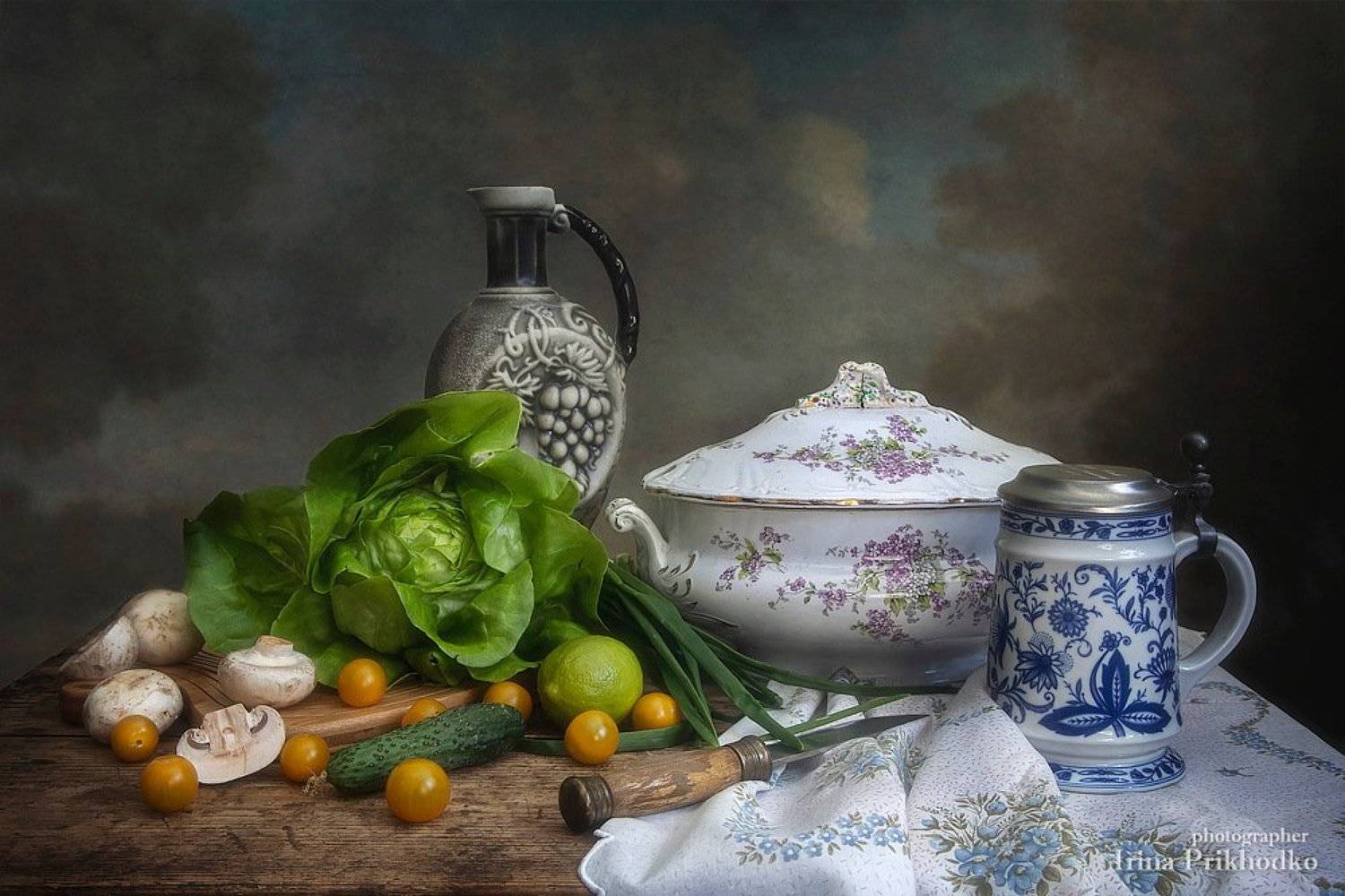 натюрморт, вегетарианство, овощи, грибы, салат латук, кухня, винтажный, Ирина Приходько