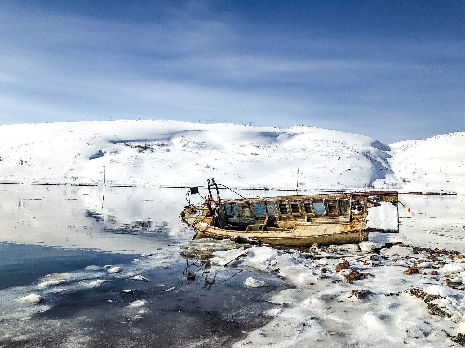 tundra; transportation; graveyard of ships; cloudy sky; tourism; beautiful; russian; outdoor; scenery; peninsula; barents; ocean; background; arctic circle; arctic ocean; bay; kola; northern; fishing boat; aurora; russia; ship; landscape; kola peninsula; , Dmitry Leonov