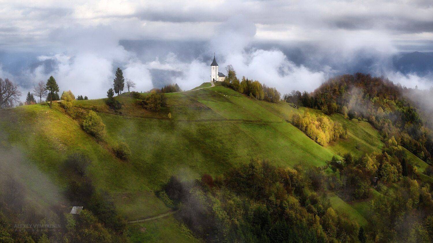 slovenia, jamnik, fog, autumn, light, church, Алексей Вымятнин
