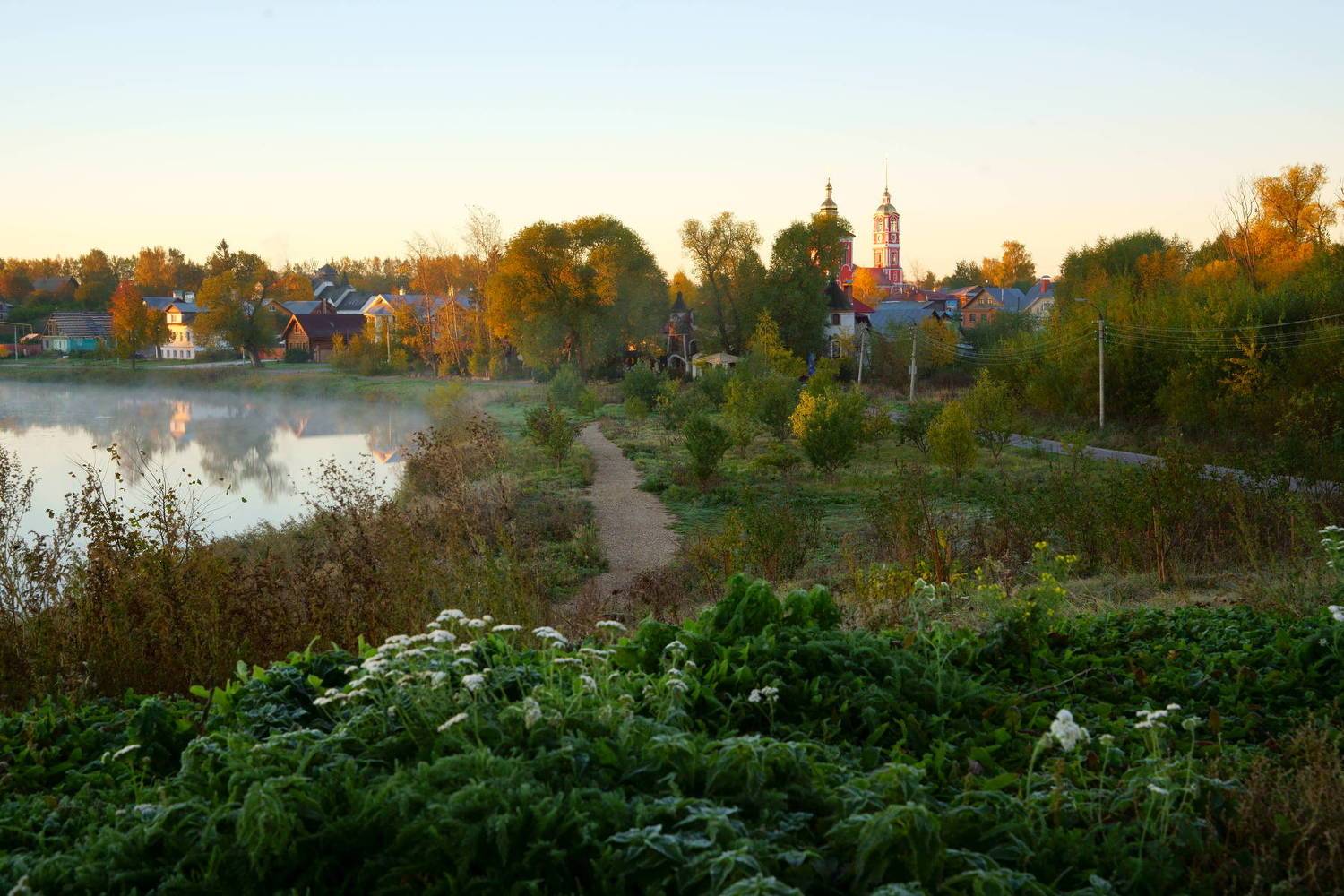 russia, suzdal, landscape, morning, houses, river, autumn, church, fog, architecture, travel, beautiful, sunlight, Shin