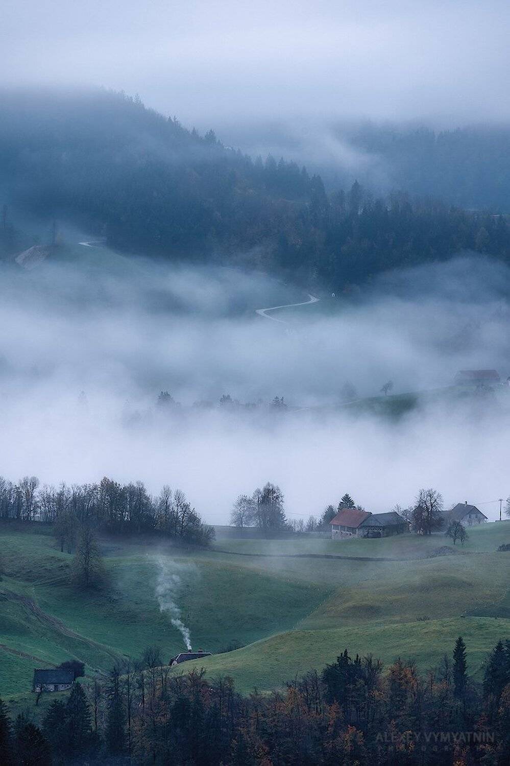 slovenia, fog, morning, village, foggy, slovenian, Алексей Вымятнин