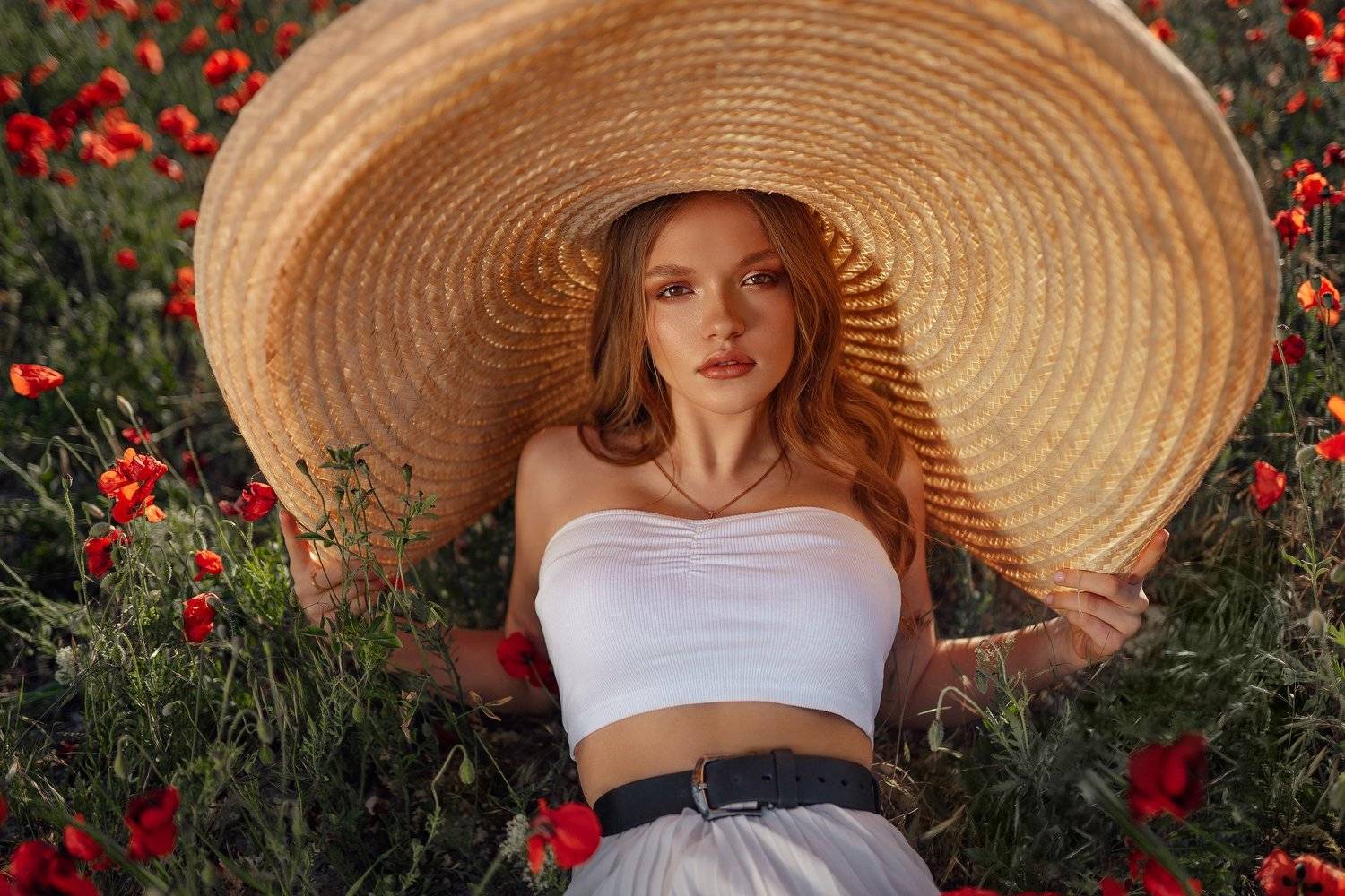poppies, girl, portrait, hat, Николай Новиков