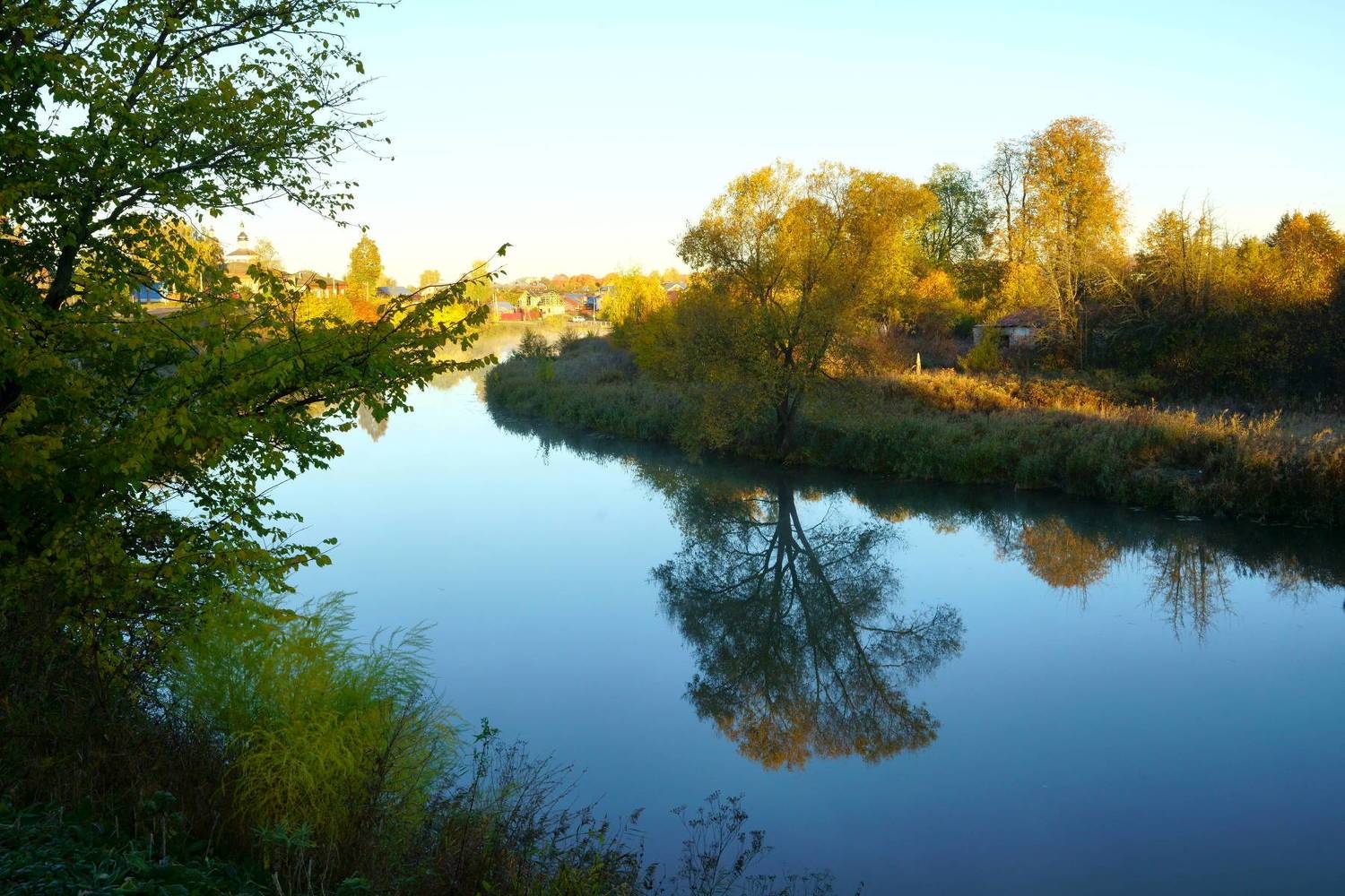 russia, vladimir, landscape, autumn, reflection, river, travel, beautiful, reflection, houses, church, suzdal, kamenka, tree,, Shin