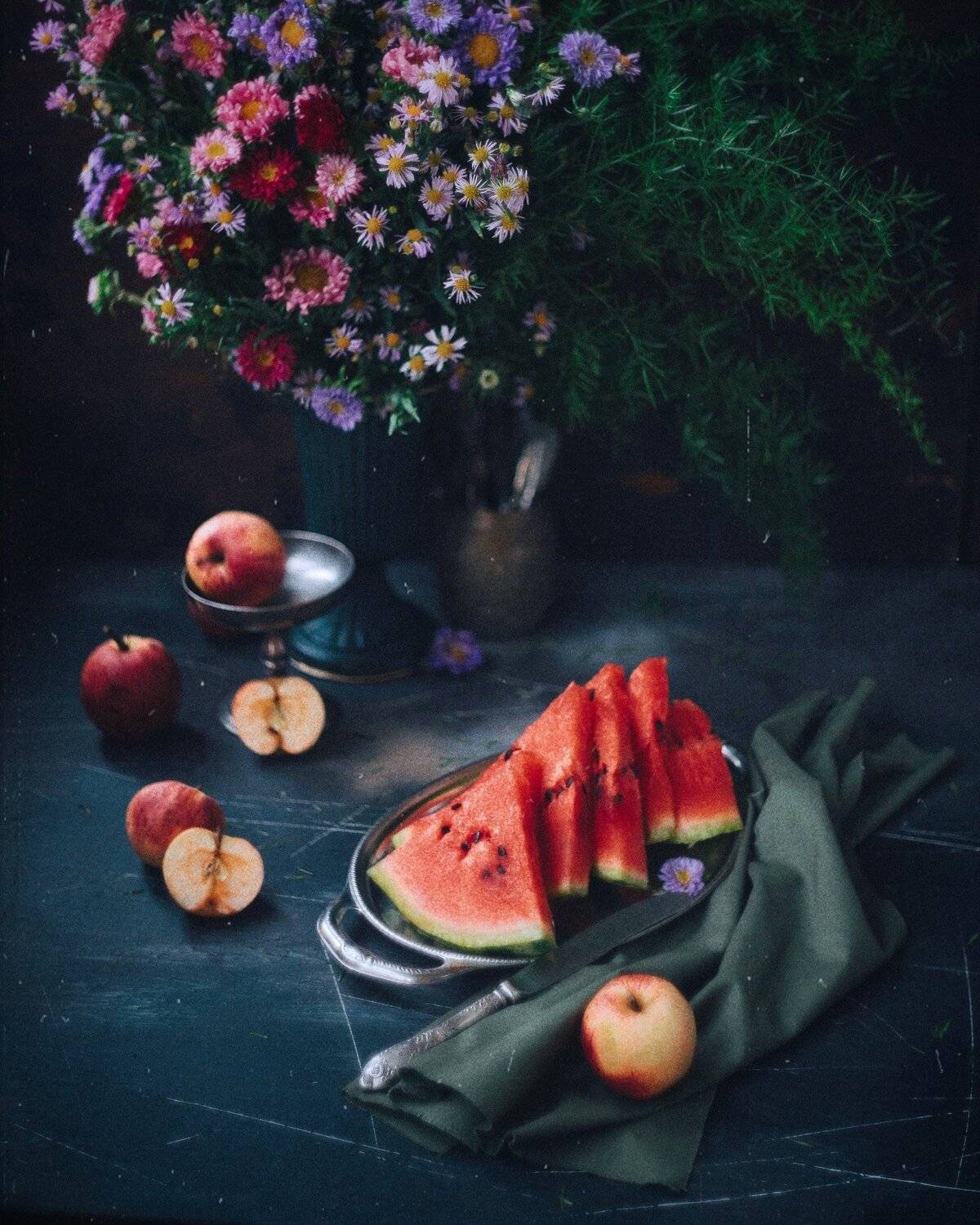 натюрморт, букет, арбуз, яблоки, цвет, Анастасия Зубкова
