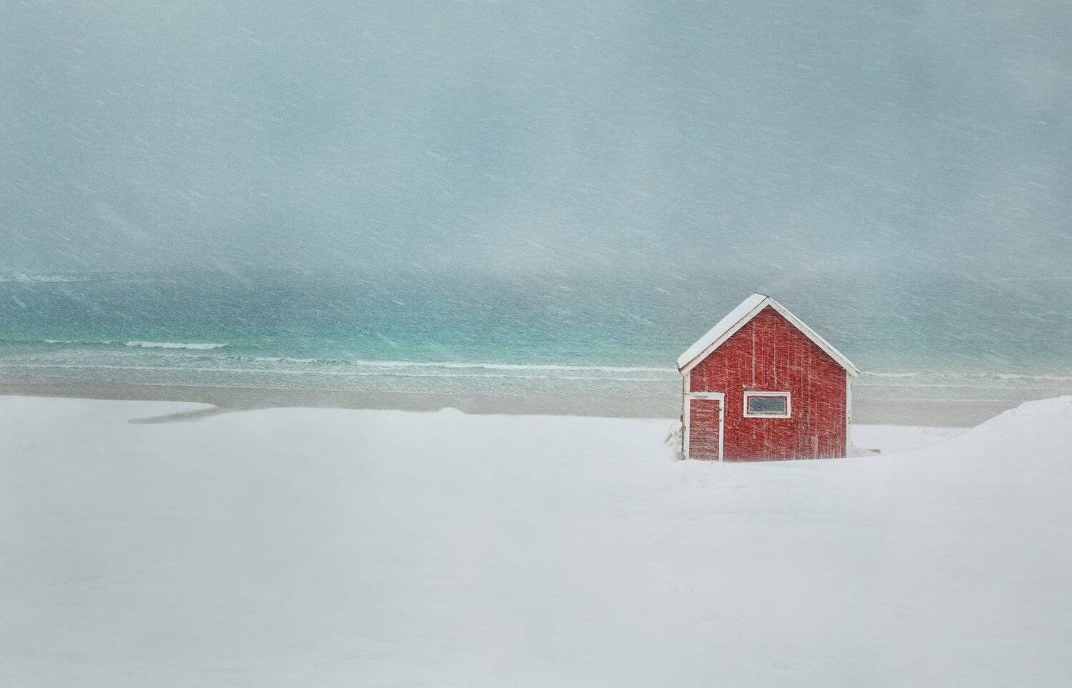 snow, winter, red, house, Vladimir Karamazov