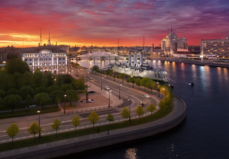 Аэросъемка, город, питер, пейзаж Закат у Петровской набережной фото превью