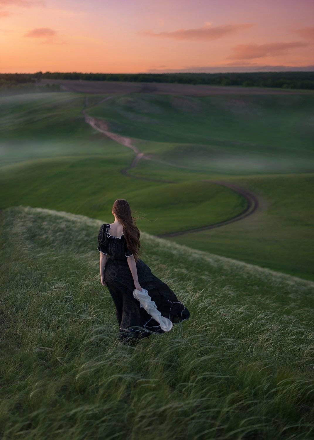 девушка, ветер, закат, природа, лето, Екатерина Лобанова