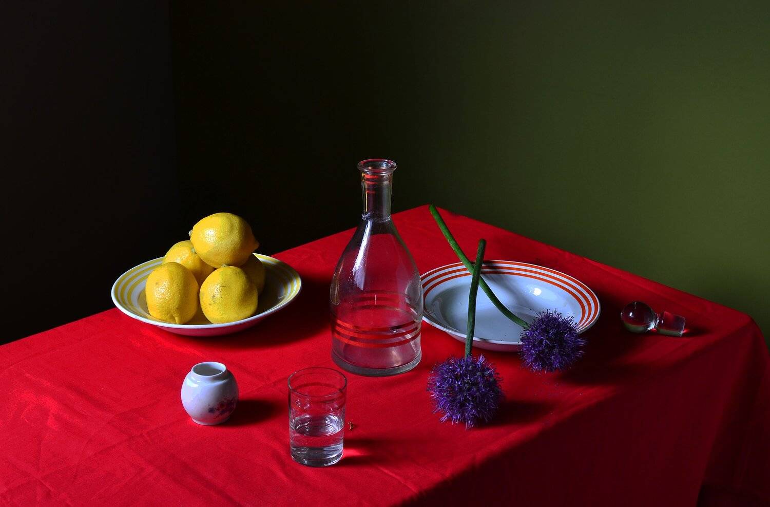 графин, тарелка, дикий лук, красное, ткань, стопка, Оксана Евкодимова