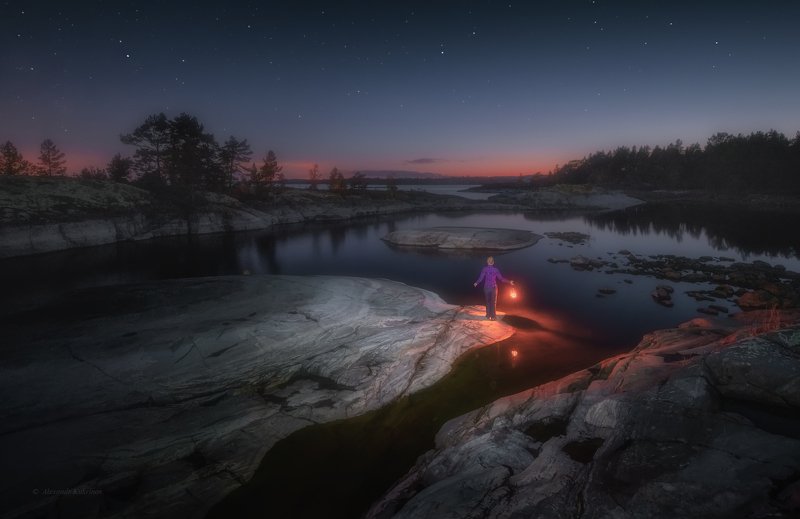 ладога, ночь, звёзды, пейзаж Девушка... фонарь... и Ладожская ночь... фото превью