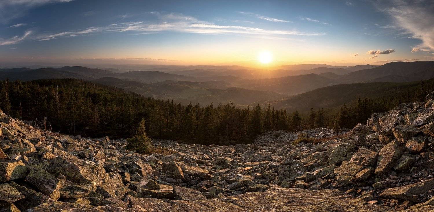 stones, sunset, forests, Jesen&iacute;ky mountains, rock, , Milan Samochin