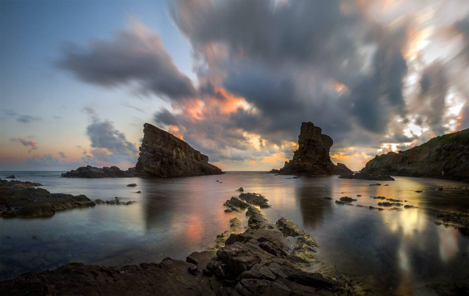 landscape nature scenery sea light morning sunrise down colors rocks clouds sun view sky  пейзаж море рассвет, Александър Александров