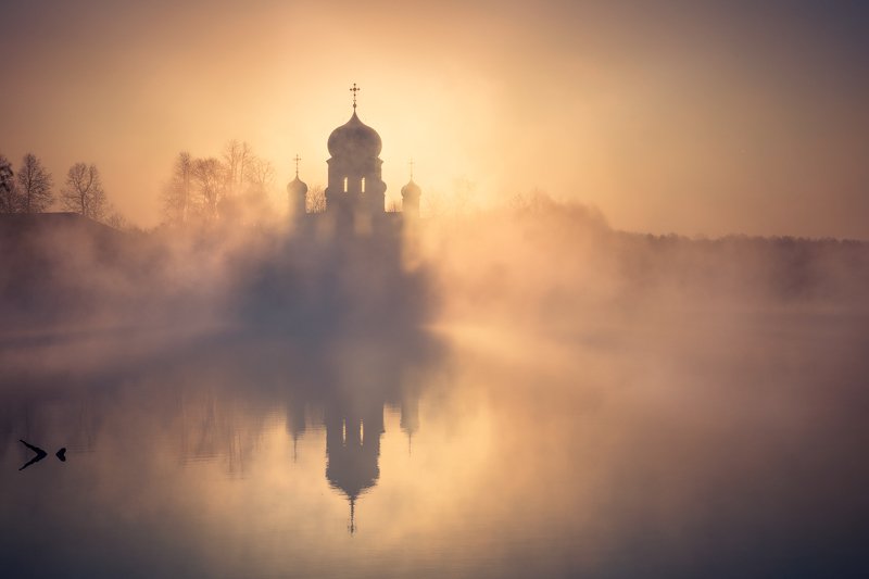 введенская, пейзаж, рассвет, церковь, озеро, туман Введенская, рассвет. фото превью