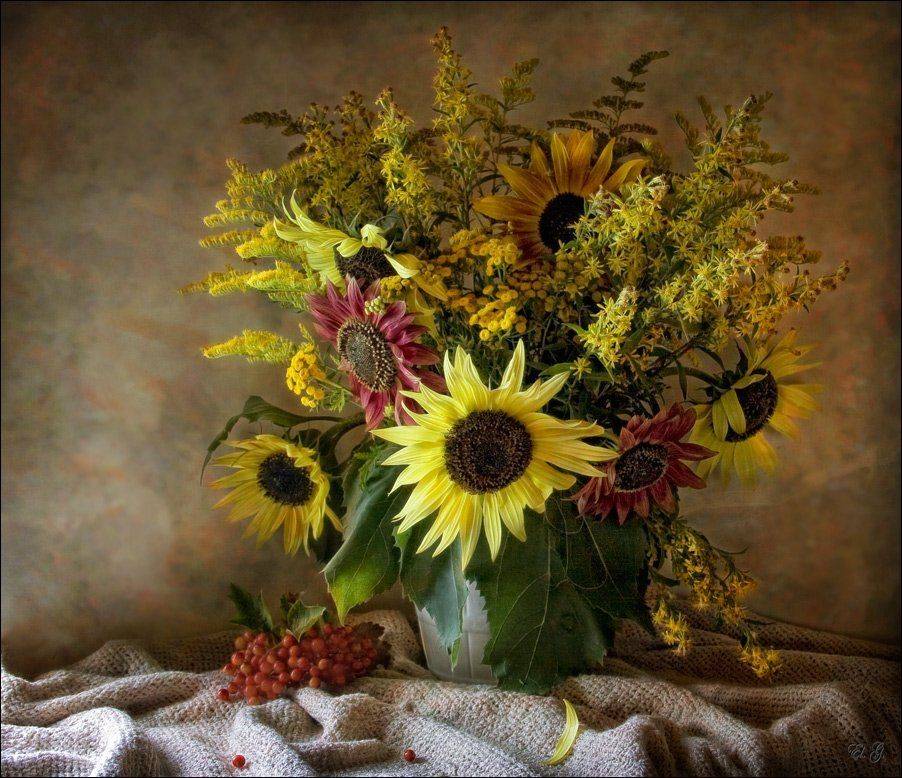 натюрморт, лето подсолнухи калина жёлтый, El. G.