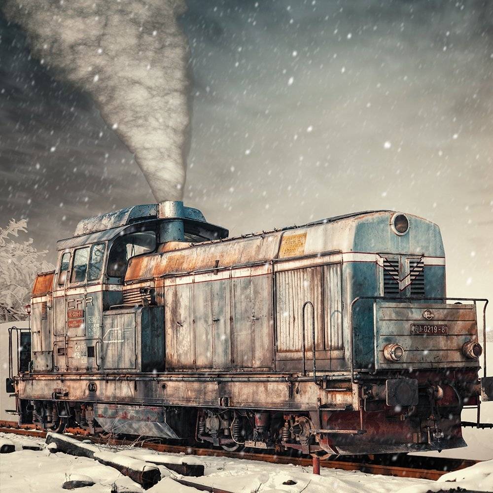 old, train, white, snow, smoke, manipulation, photoshop, tutorials, photomonipulation, Caras Ionut