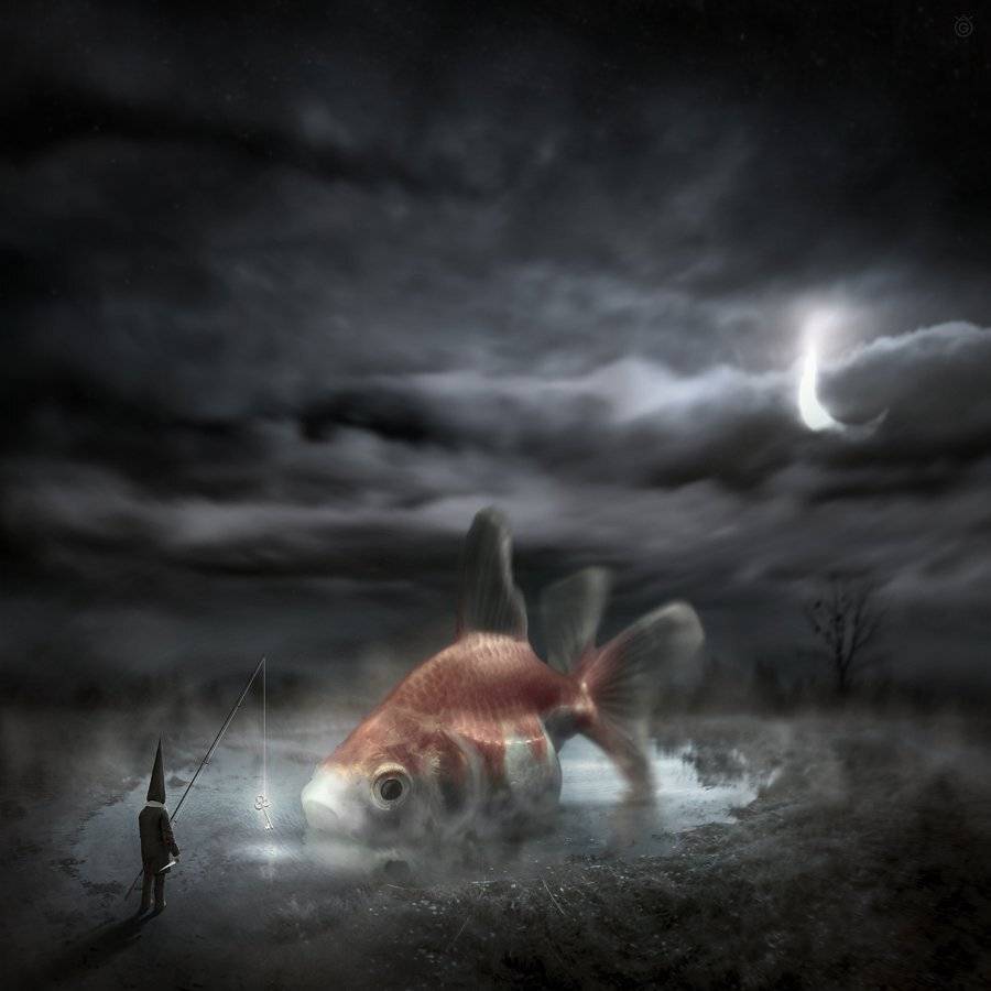 surreal, surrealism, fish, big, fisherman, moonlight, coneheads, Wojciech Grzanka