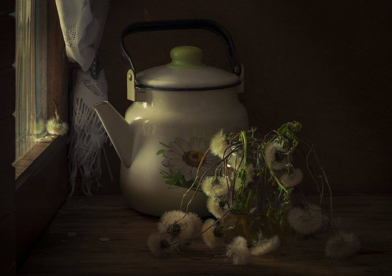 одуванчики,натюрморт,чайник, Елена Рубинская