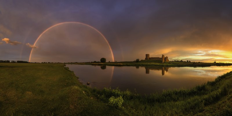 rainbow, castle, ruins, poland, river, warta Rainbow and Castle Ruins фото превью