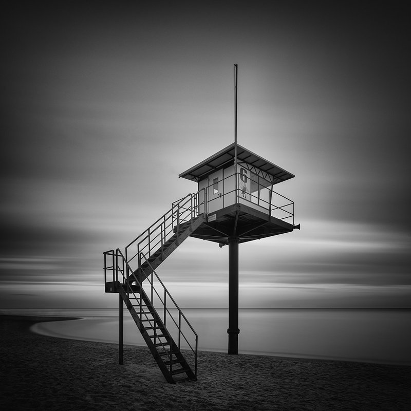 long exposure, sea, baltic sea, b&w, landscape, seascape Lifeguard Tower фото превью