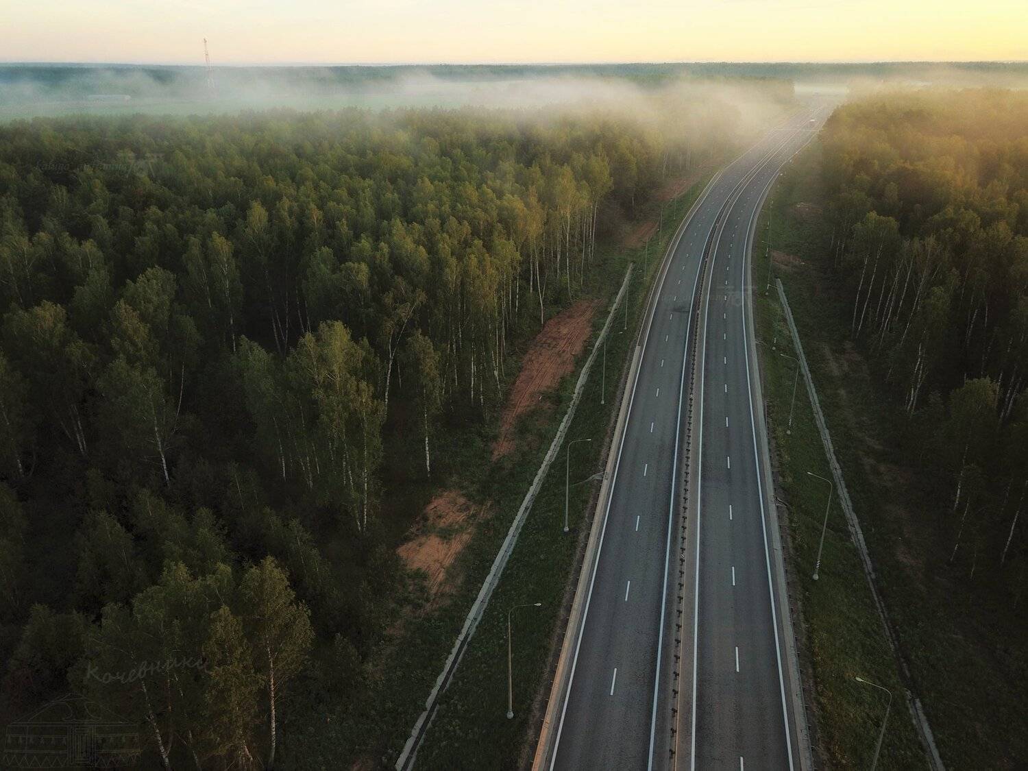 аэромъемка, туман, дорога, рассвет, туманное утро, Юлия Абрамова