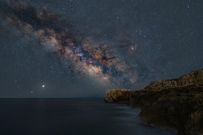 milky way, stars, sky, elephant rock, sea, syracuse, sicily, italy, jupiter, Saturn Milky way over Elephant Rock фото превью