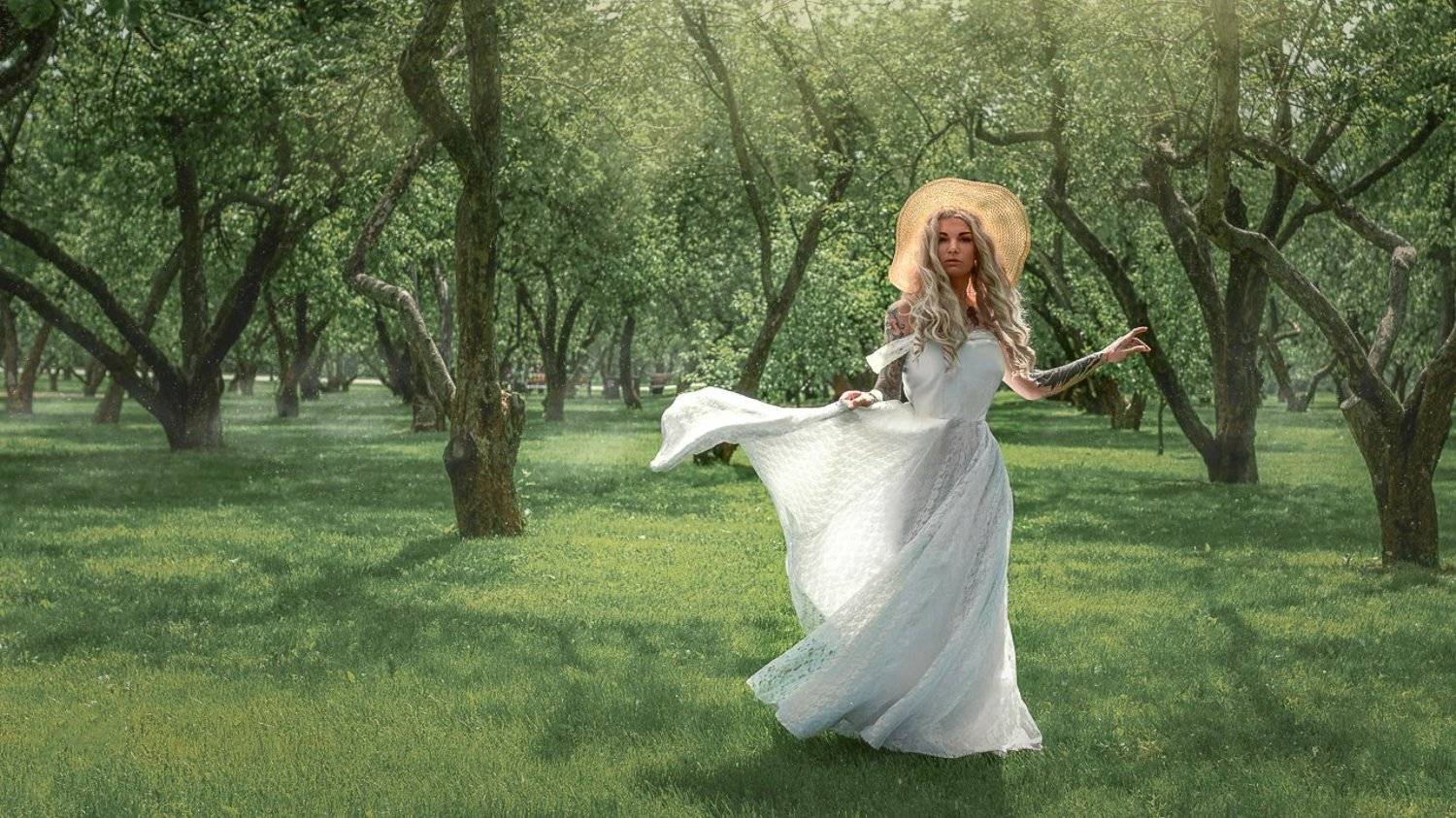 Лето Парк Платье Стиль Мода Шляпка Девушка Молодость Красота Тату, Юрий Захаров