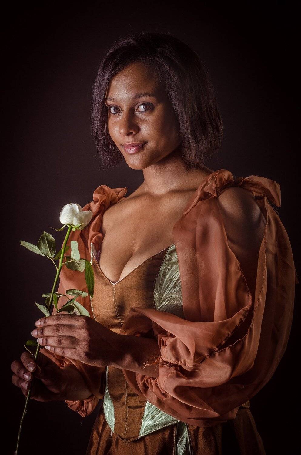 model, beauty, ebony, girl, flower, fine art, eyes, smile, medieval, Максим Михайлов