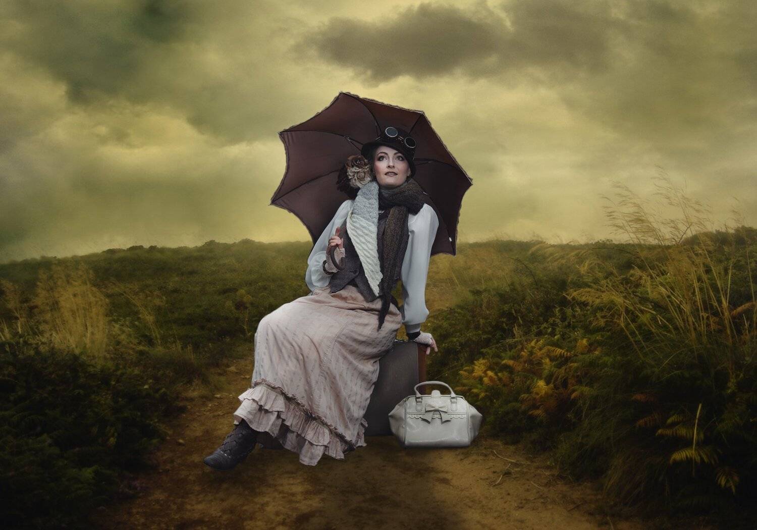 девушка, поле, чемодан, Sergii Vidov