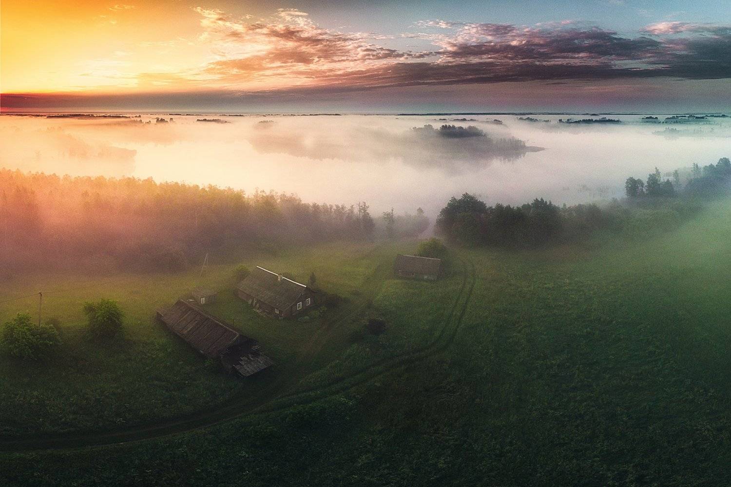 landscape,sunride,fog,lake,village,clouds,beautiful,nature, Olegs Bucis