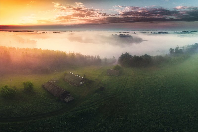 landscape,sunride,fog,lake,village,clouds,beautiful,nature Latvian Morning фото превью