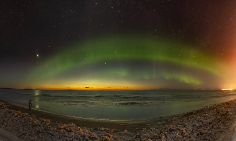 архангельская обасть, ночное фото, белое море, русский север, северное сияние Aurora Borealis на закате дня фото превью