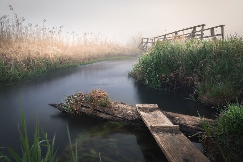 river fog mist sunrise bridge Podlasie Poland Moody sunrise over Czarna river фото превью
