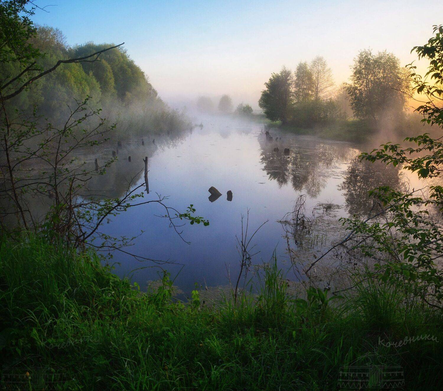 пейзаж, туман, рассвет, акварель, деревня, Юлия Абрамова