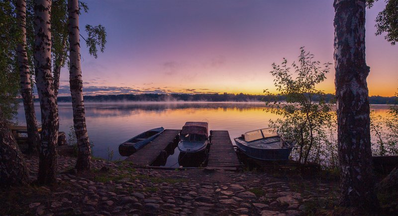 Плёс, россия, рассвет  Речная лодочная парковка  фото превью