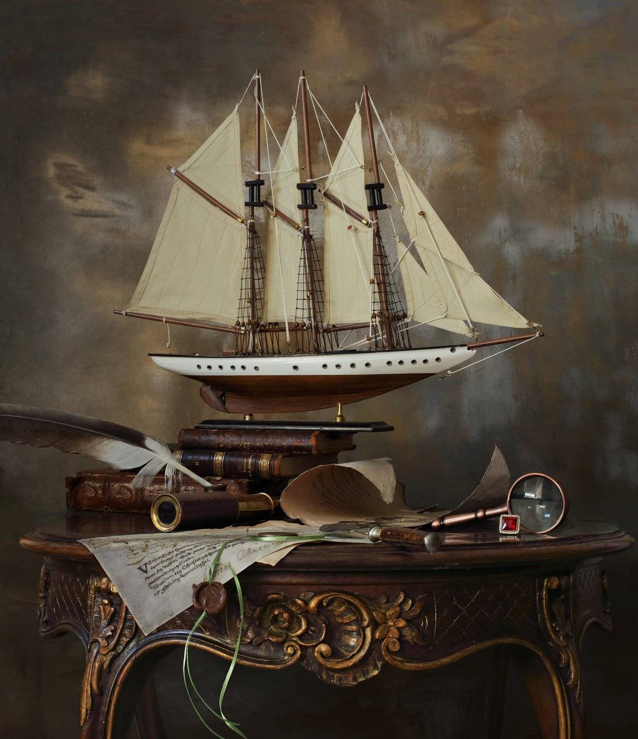 натюрморт, корабль, парусник, книги, свет, приключения, Андрей Морозов