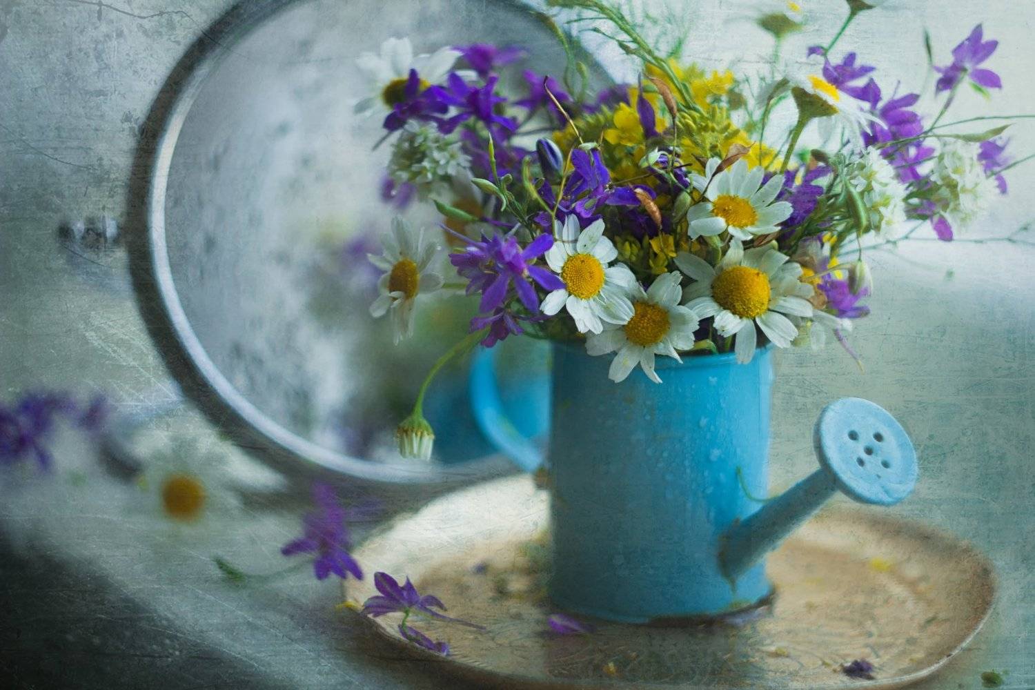 букет цветов. полевые, поливальник, зеркало, Лионелла Зимина
