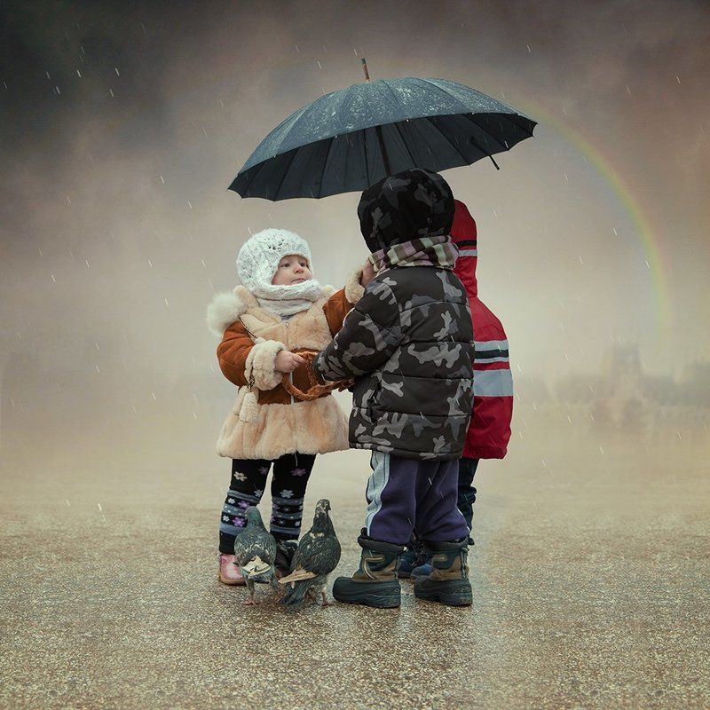 children, dove, rain, umbrela, castle, photoshop, manipulation, tutorials, girl, ioana, raimbow Friends фото превью