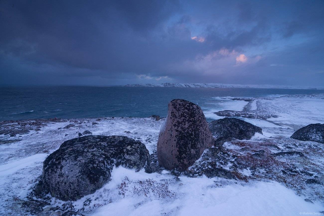 териберка, океан, берег, баренцево море, метель, снег, шторм, Сергей Малинин