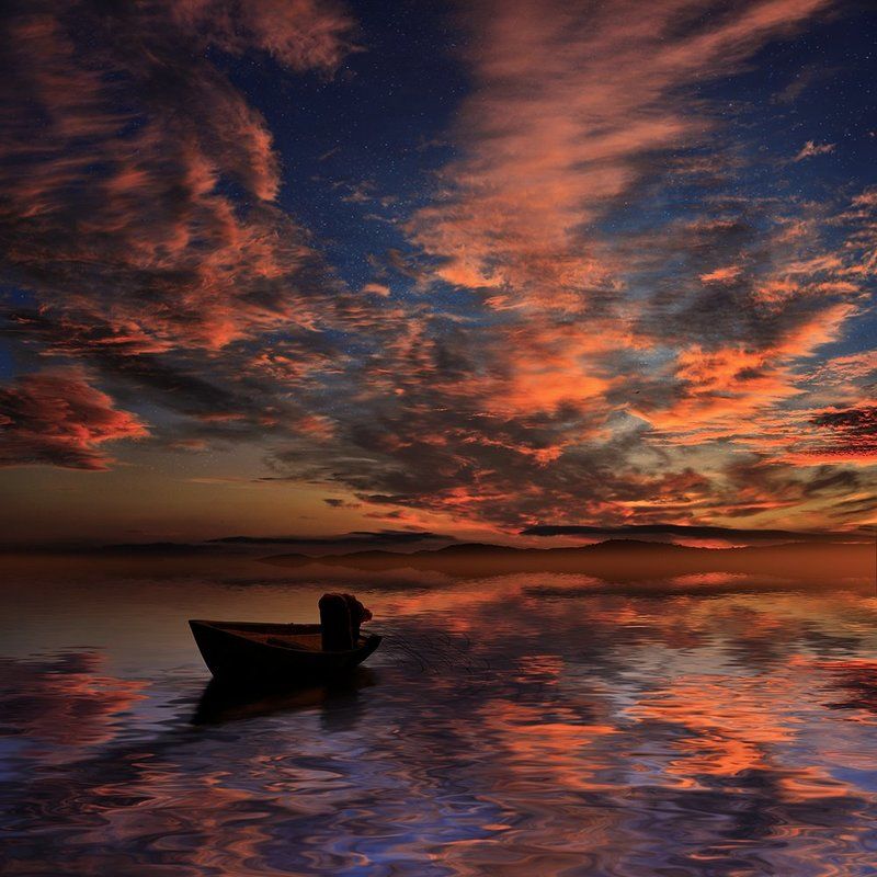 boat, man, fisherman, sky, clouds, fire, ps, psd, photoshop, tutorials, manipulation The fisherman фото превью