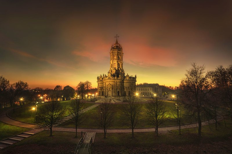 дубровицы, знаменская церковь, закат, храм, барокко, усадьба дубровицы Знаменская церковь (Дубровицы) фото превью